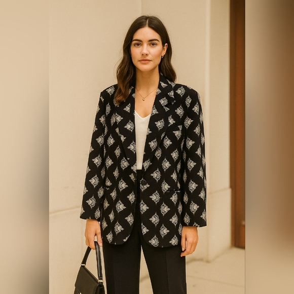 Vintage 80’s EATON COLLECTABLES/ Blazer/ Damask print/ White & blue/ Size US 14 - Picture 1 of 12